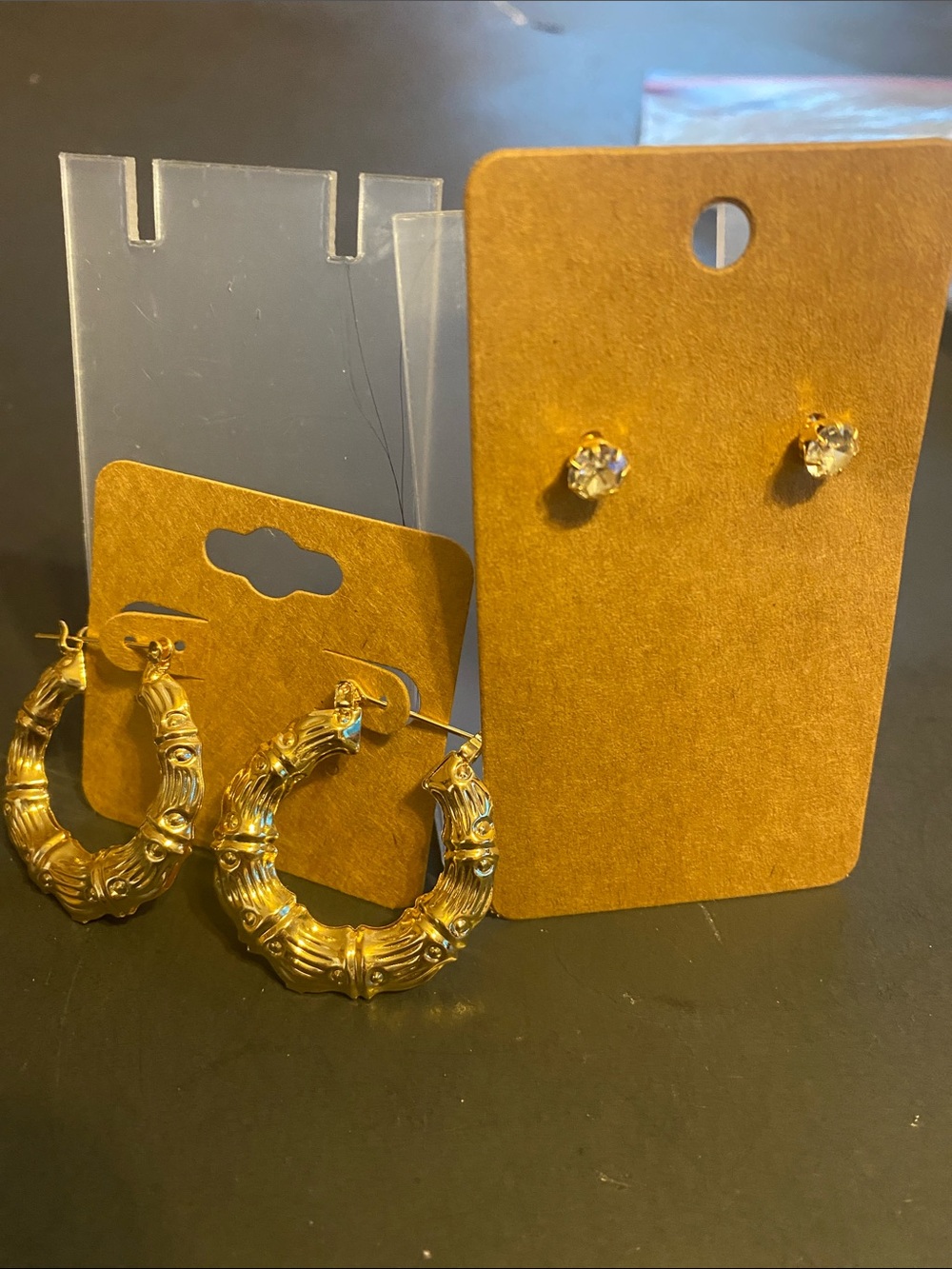 Gold Bamboo-Style Hoop Earrings with Clear Studs - Women Jewelry